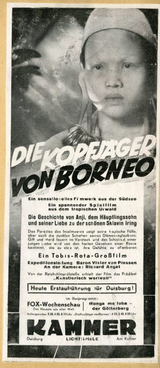 Werbeanzeige für den Film "Die Kopfjäger von Borneo" in den Kammer-Lichtspielen Duisburg, ca. 1 ...