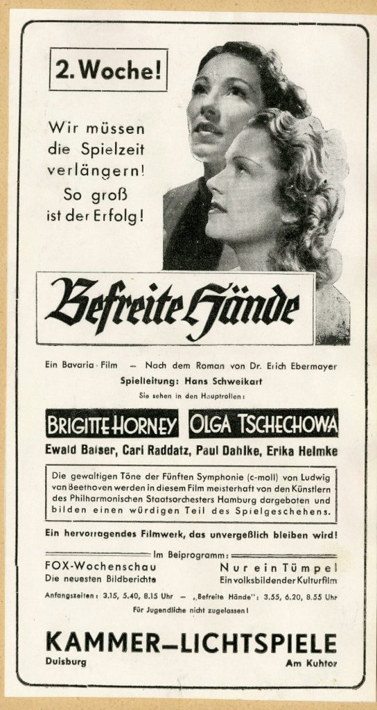 Werbeanzeige für den Film "Befreite Hände" in den Kammer-Lichtspielen Duisburg, ca, 1940