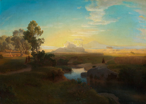 Oswald Achenbach (Künstler*in), Abendliche Landschaft mit einem im Gegenlicht liegenden Felsmassiv, 1846 (?)