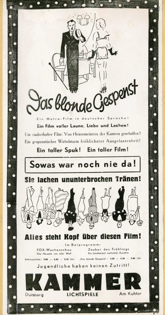 Werbeanzeige für den Film "Das blonde Gespenst" in den Kammer-Lichtspielen Duisburg, ca. 1938