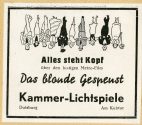 Werbeanzeige für den Film "Das blonde Gespenst" in den Kammer-Lichtspielen Duisburg, ca. 1938