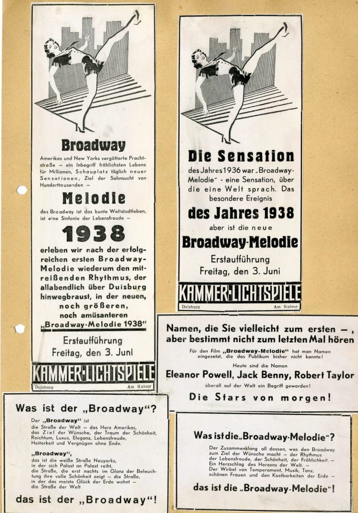 Werbeanzeigen für den Film "Broadway-Melodie 1938" in den Kammer-Lichtspielen Duisburg, 1938