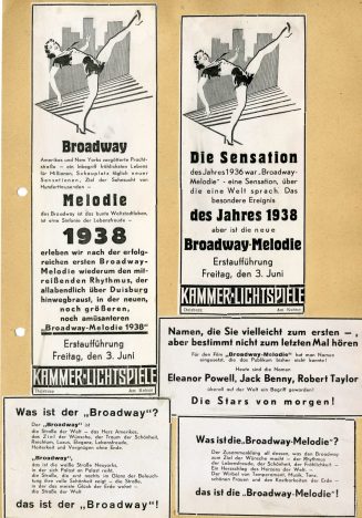 Werbeanzeigen für den Film "Broadway-Melodie 1938" in den Kammer-Lichtspielen Duisburg, 1938