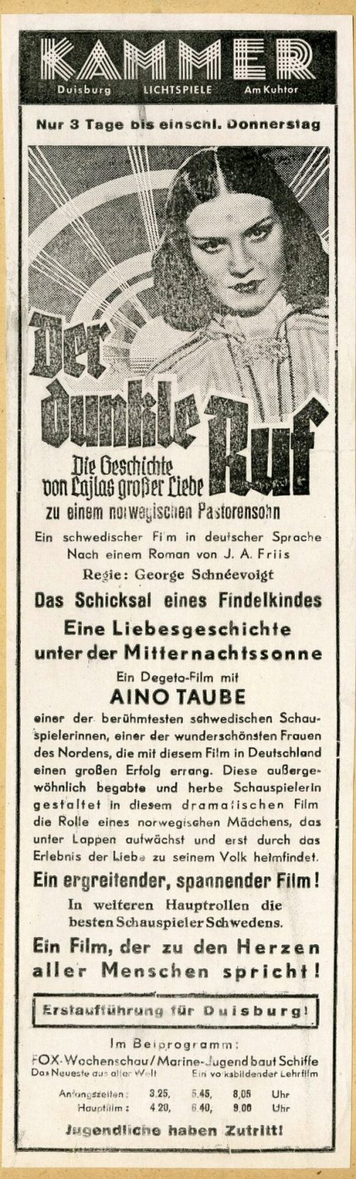 Werbeanzeige zum Film "Der dunkle Ruf" in den Kammer-Lichtspielen, ca. 1939