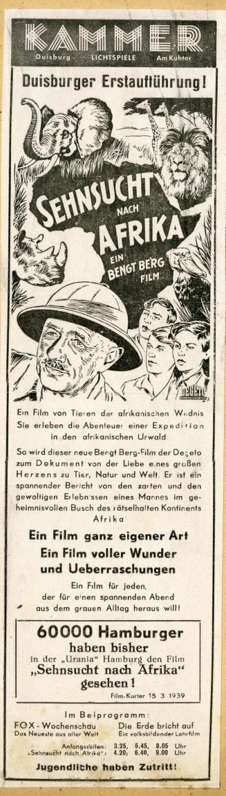 Werbeanzeige für den Film "Sehnsucht nach Afrika" in den Kammer-Lichtspielen Duisburg, 1939