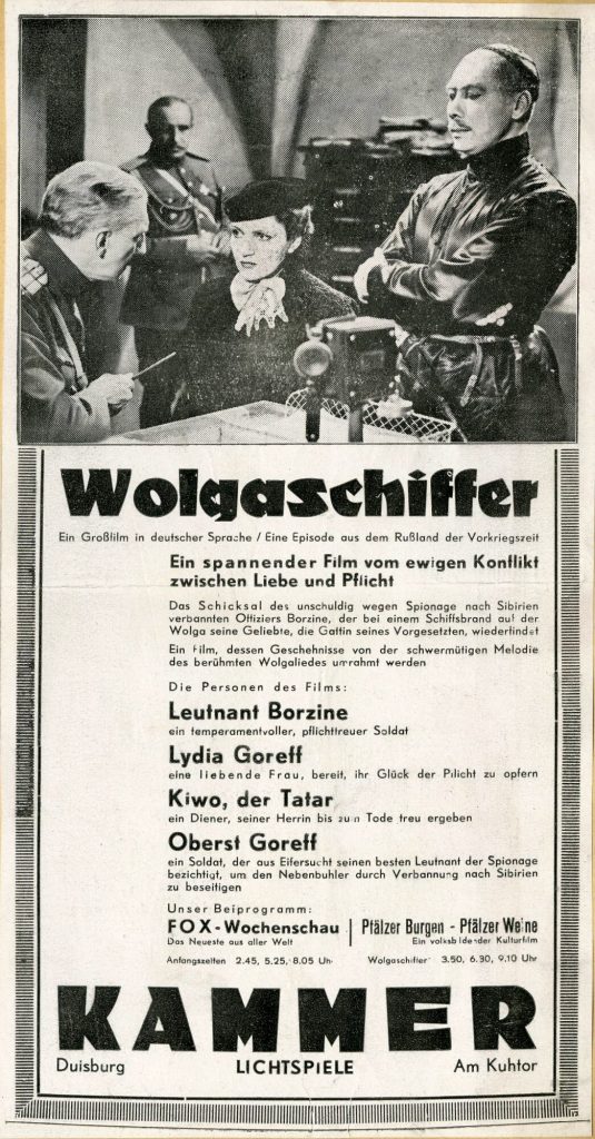 Werbeanzeige für den Film "Wolgaschiffer" in den Kammer-Lichtspielen Duisburg, 1937