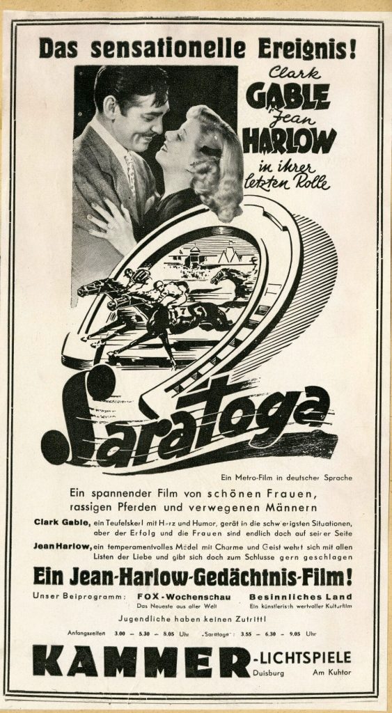 Werbeanzeige für den Film "Saratoga" in den Kammer-Lichtspielen Duisburg, ca. 1938