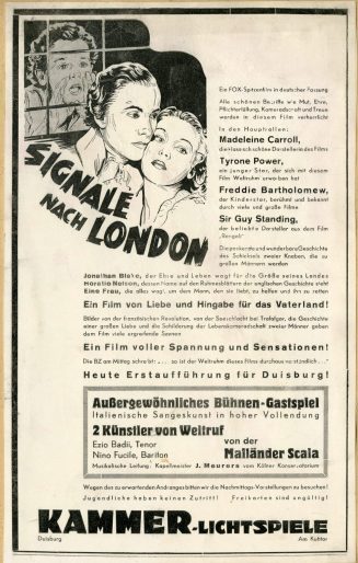 Werbeanzeige für den Film "Signale nach London" in den Kammer-Lichtspielen Duisburg, ca. 1938