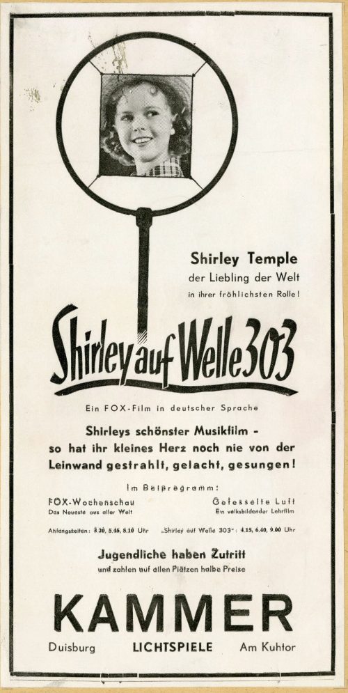 Werbeanzeige für den Film "Shirley auf Welle 303" in den Kammer-Lichtspielen Duisburg, ca. 1938