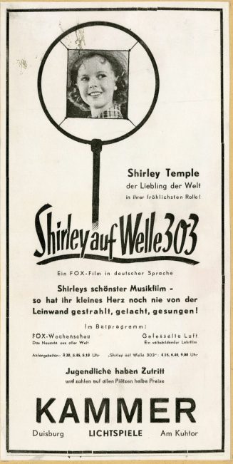 Werbeanzeige für den Film "Shirley auf Welle 303" in den Kammer-Lichtspielen Duisburg, ca. 1938