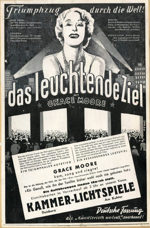 Werbeanzeige für den Film "Das leuchtende Ziel" in den Kammer-Lichtspielen Duisburg, ca. 1935