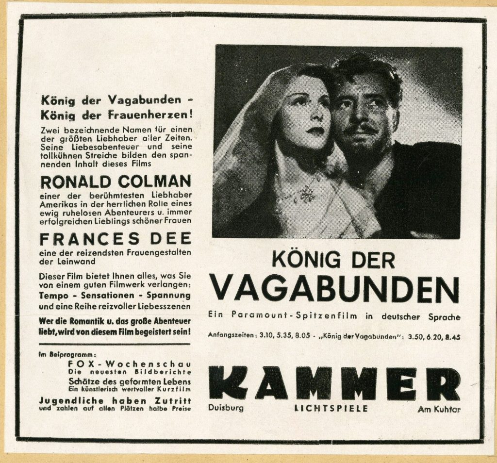 Werbeanzeige für den Film "König der Vagabunden" in den Kammer-Lichtspielen Duisburg, ca. 1939