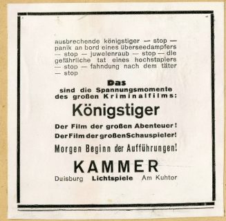 Werbeanzeige für den Film "Königstiger" in den Kammer-Lichtspielen Duisburg, ca. 1935