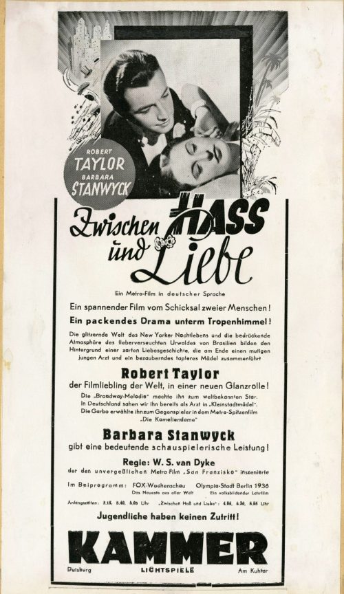 Werbeanzeige für den Film "Zwischen Hass und Liebe" in den Kammer-Lichtspielen Duisburg, ca. 19 ...