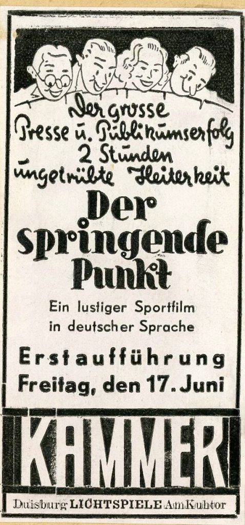 Werbeanzeige zum Film "Der springende Punkt" in den Kammer-Lichtspielen Duisburg, ca. 1937