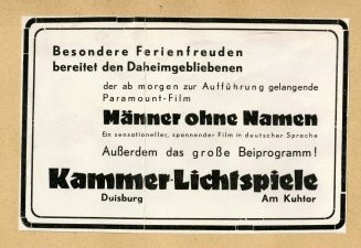 Werbeanzeige zum Film "Männer ohne Namen" in den Kammer-Lichtspieln Duisburg, ca. 1936