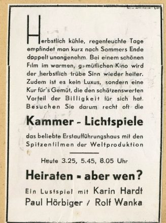 Werbeanzeige zum Film "Heiraten - aber wen?" in den Kammer-Lichtspielen Duisburg, ca. 1938