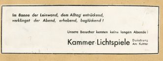 Werbeanzeige der Kammer-Lichtspiele Duisburg, ca. 1938