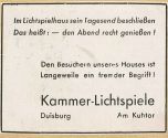 Werbeanzeige der Kammer-Lichtspiele Duisburg, ca. 1938