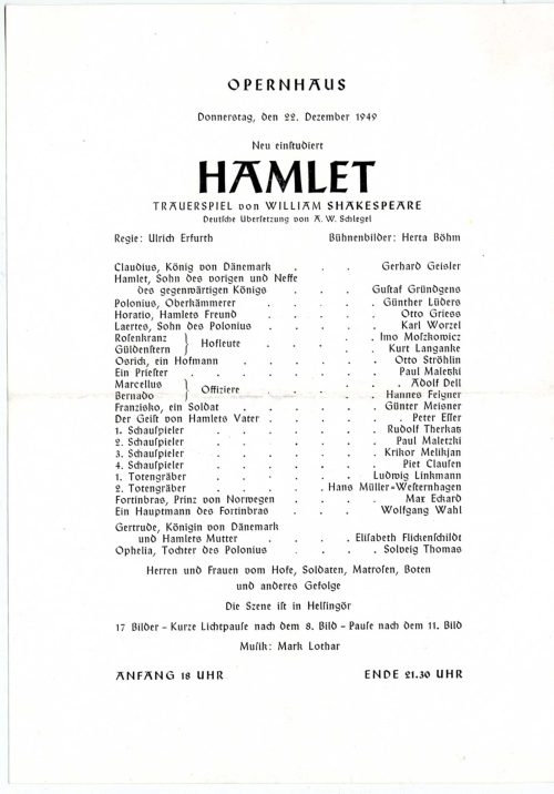 Theaterzettel "Hamlet" von William Shakespeare (Premiere: 22.12.1949), Opernhaus (Städtische Bü ...