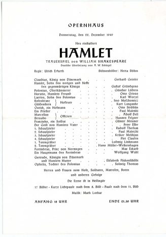 Theaterzettel "Hamlet" von William Shakespeare (Premiere: 22.12.1949), Opernhaus (Städtische Bü ...