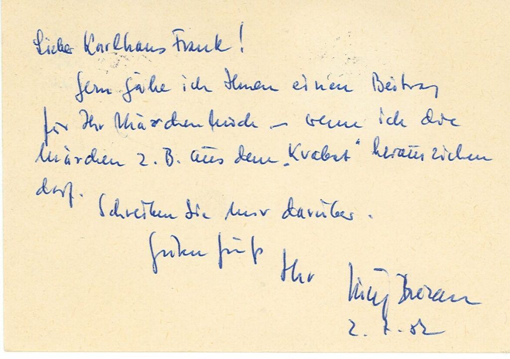 Postkarte von Jurij Brezau an Karlhans Frank, 1982