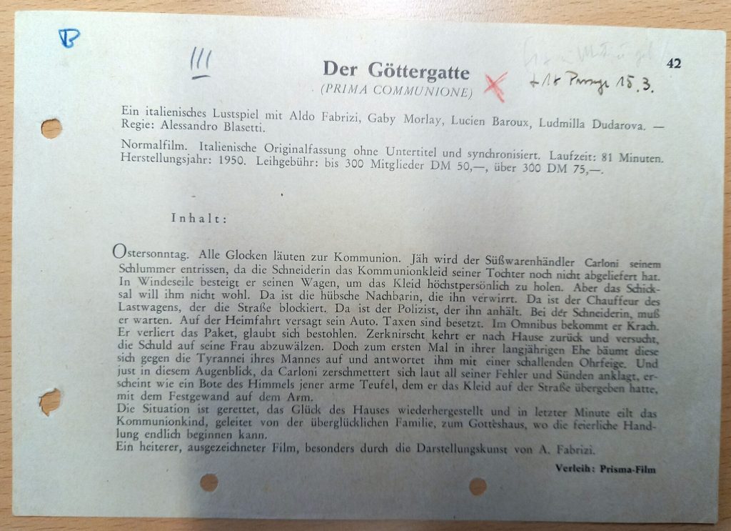 Werbezettel aus dem Film "PRIMA COMUNIONE", Italien & Frankreich, 1950 (Digitalisat)