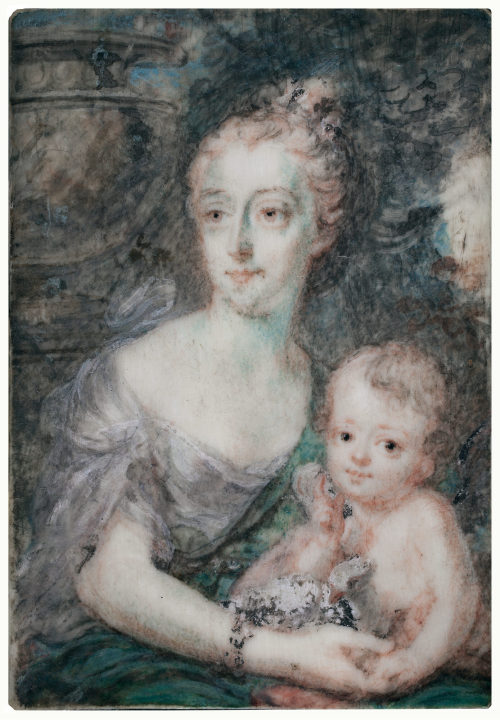 Felix Anton Besold (Künstler*in), Medaillon mit Miniaturporträt Katharina Krahe mit Sohn Peter (?), ca. 1758/1759