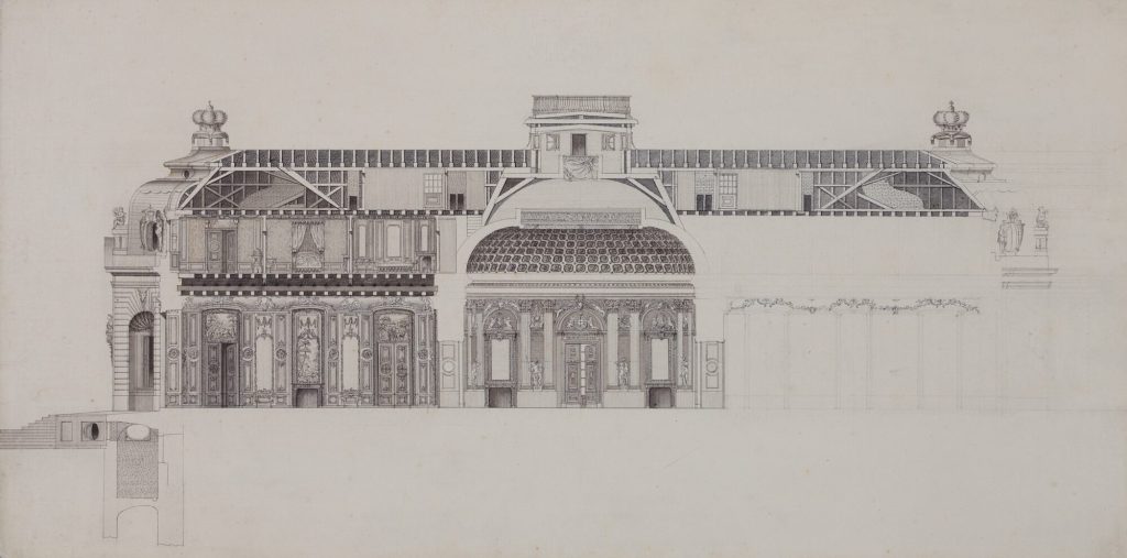 Längsschnitt durch Kuppelsaal und westlichen Gartensaal gegen Norden von Schloss Benrath