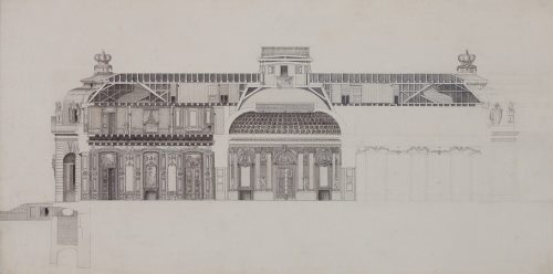 Nicolas de Pigage (Künstler*in), Längsschnitt durch Kuppelsaal und westlichen Gartensaal gegen Norden von Schloss Benrath, 1769/70