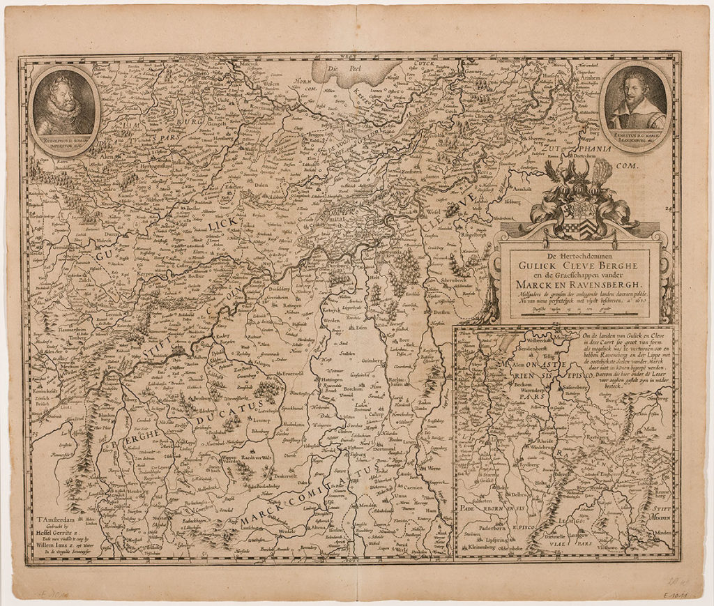 Karte der Herzogtümer Jülich-Kleve-Berg und der Grafschaften Mark und Ravensberg mit Portraitmedaillons von Kaiser Rudolf II. und Markgraf Ernst v. Brandenburg