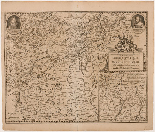 Hessel Gerritsz. (Autor*in), Karte der Herzogtümer Jülich-Kleve-Berg und der Grafschaften Mark und Ravensberg mit Portraitmedaillons von Kaiser Rudolf II. und Markgraf Ernst v. Brandenburg, 1610