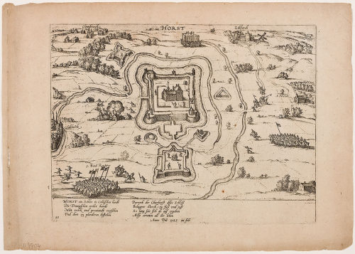 Franz Hogenberg (Kupferstecher*in), Truchsessischer Krieg / Schloß Horst bei Gladbeck ergibt sich dem Kurfürsten Februar 1585, 1585