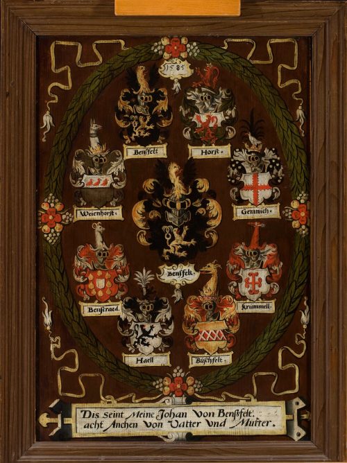 Unbekannt (Künstler*in), Aufschwörtafel für den Turnierteilnehmer "Johan von Bensfeldt", 1585 (?)