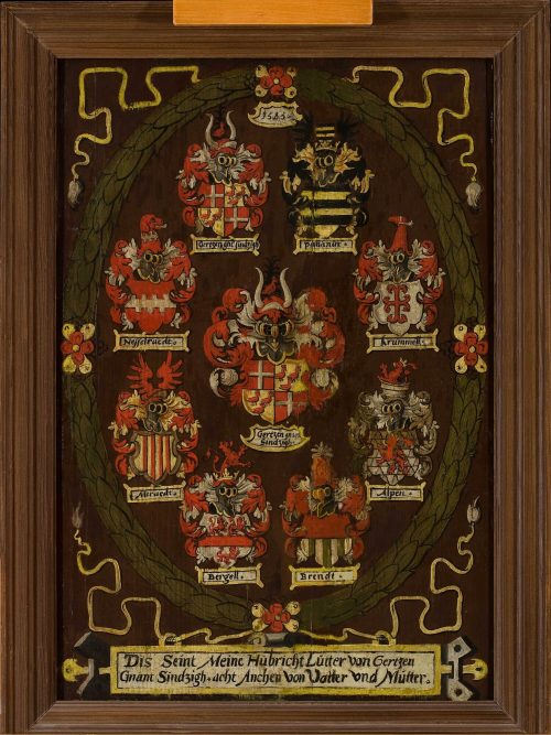 Unbekannt (Künstler*in), Aufschwörtafel für den Turnierteilnehmer "Hubricht Lutter von Gertzen Gnant. Sindzigh", 1585 (?)