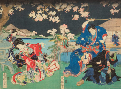 Utagawa Kuniteru (Künstler*in), Mitsuuji kämpft mit einem Dieb aus Kasumitatsu Miyoshi no Genji (霞立三吉の源氏), 1869, 3. Monat