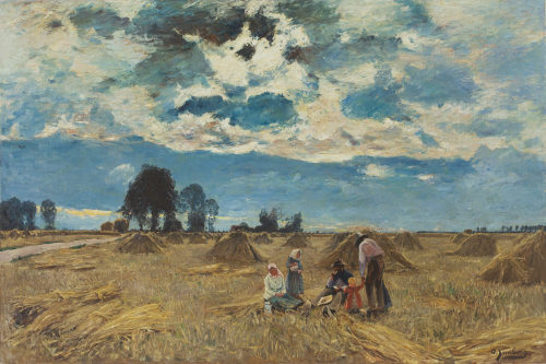 Olof Jernberg (Künstler*in), Landschaft mit rastenden Bauern bei der Getreideernte, ca. 1890