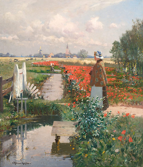 Heinrich Petersen-Angeln (Künstler*in), Mohnfeld mit Mädchen am Kanal strickend, 1898/99