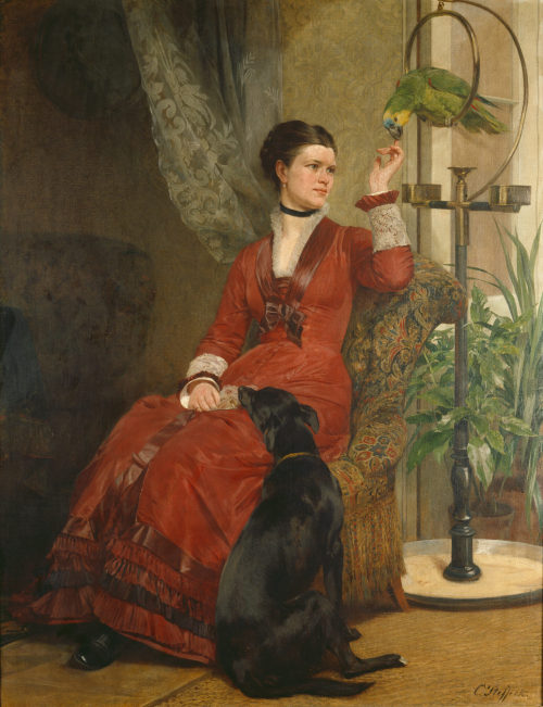 Karl Steffeck (Künstler*in), Dame mit Papagei und Hund, ca. 1880