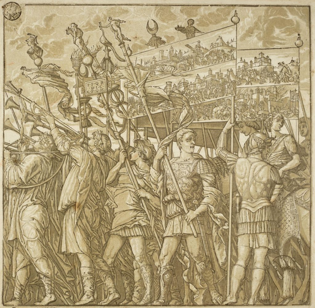 Trompeter und Soldaten, die Banner mit Darstellungen der Siege Cäsars tragen