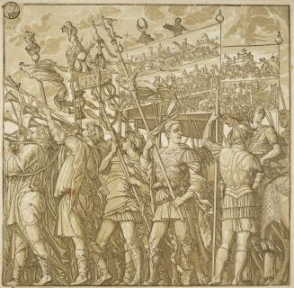 Trompeter und Soldaten, die Banner mit Darstellungen der Siege Cäsars tragen