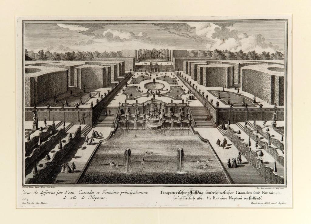 Radierung/Kupferstich: Veue de differens jets d’eau, Cascades et Fontaines prinicipalement de c ...