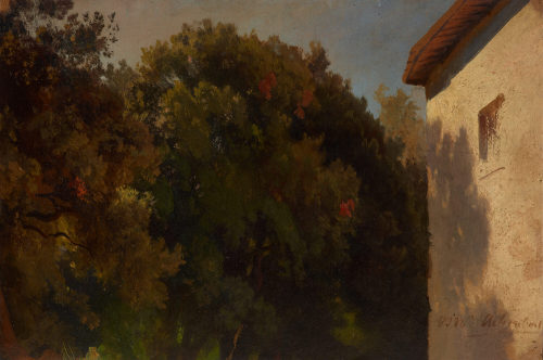 Oswald Achenbach (Künstler*in), Baumkronen mit Hausecke, ca. 1850