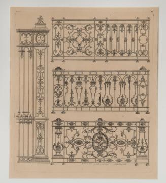 Kupferstich: Drei Vorlagen für Gartengitterzäune, eine Vorlage für ein Gartentor