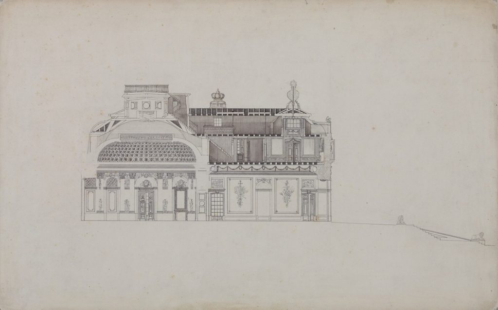 Querschnitt durch Kuppelsaal und Vestibül von Schloss Benrath
