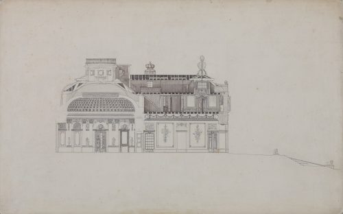 Nicolas de Pigage (Künstler*in), Querschnitt durch Kuppelsaal und Vestibül von Schloss Benrath
, 1769–70
