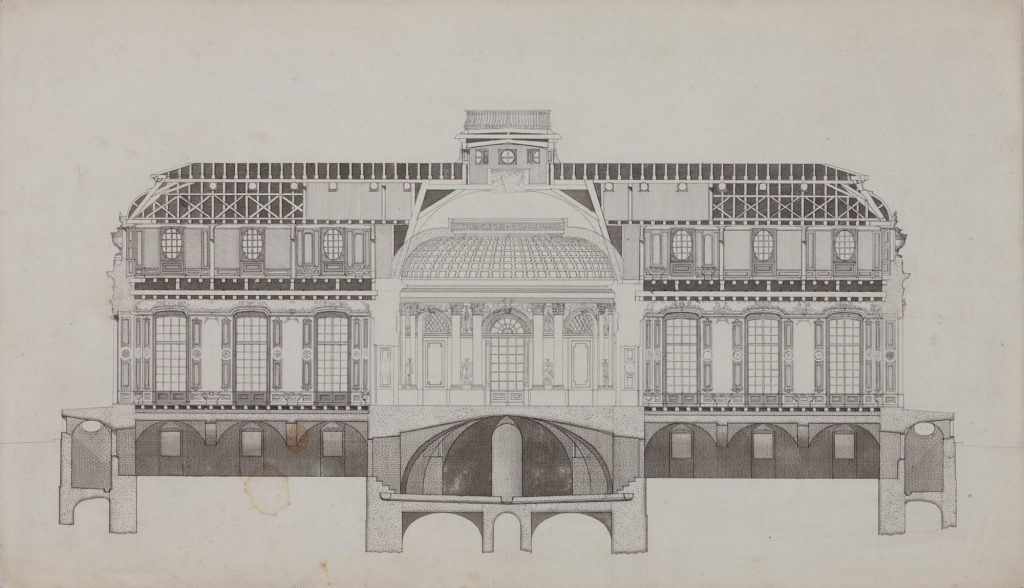 Längsschnitt durch Kuppelsaal und Gartensäle gegen Süden von Schloss Benrath
