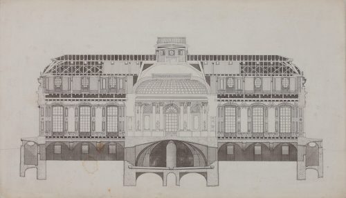 Nicolas de Pigage (Künstler*in), Längsschnitt durch Kuppelsaal und Gartensäle gegen Süden von Schloss Benrath
, 1769–70