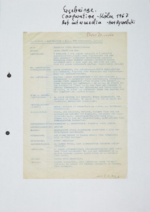 Chris Reinecke (Beteiligte Person), Ergebnisse – Cooperative – Köln, art intermedia, 5.10.67 (Blatt 1), 1967/2020