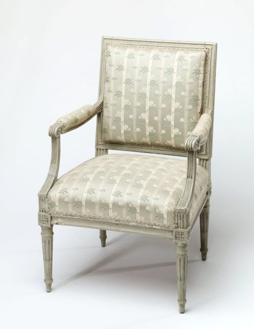 Unbekannt (Hersteller*in), Fauteuil mit Eckrosetten und Kanneluren, um 1765